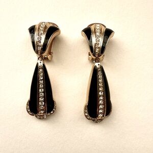Vintage Christian Dior clip on Dangle earrings black enamel and rhinestones